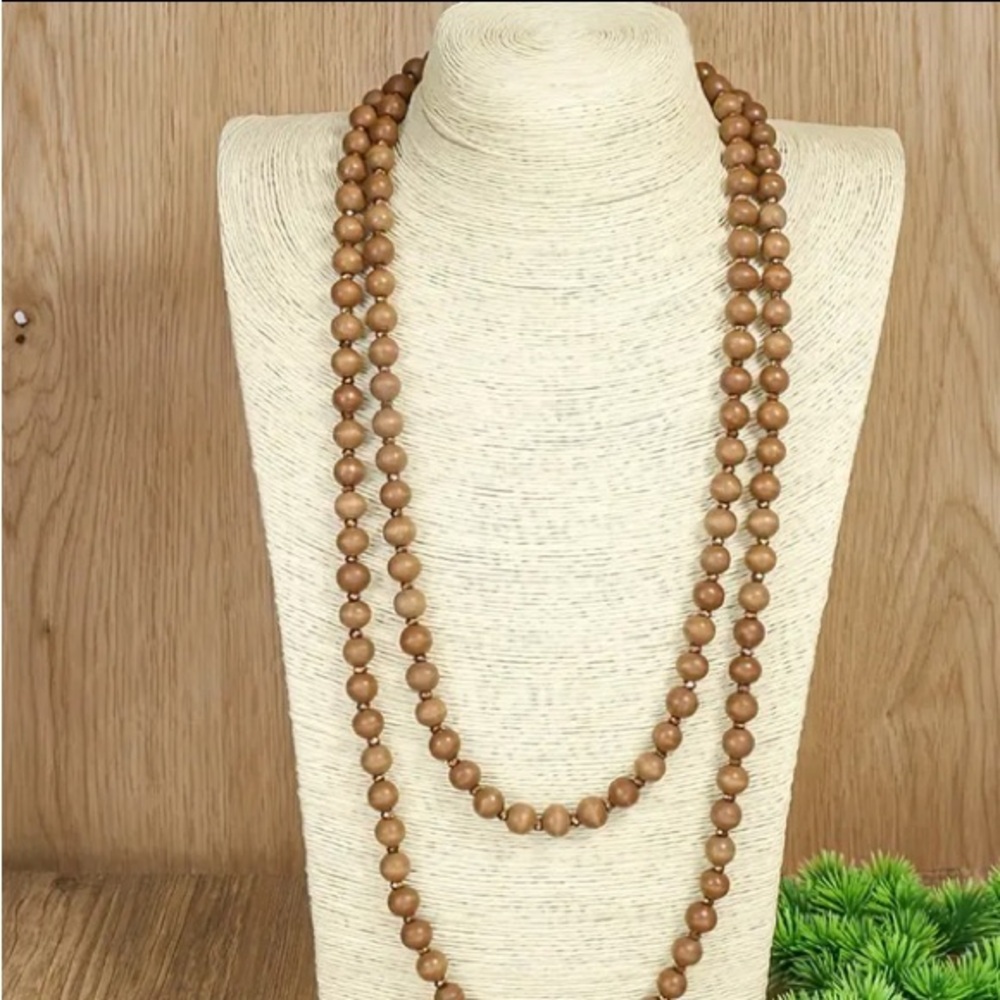 Long Hang Wood Bead and Metallic Bronze Bead Necklace NWT - Picture 2 of 6